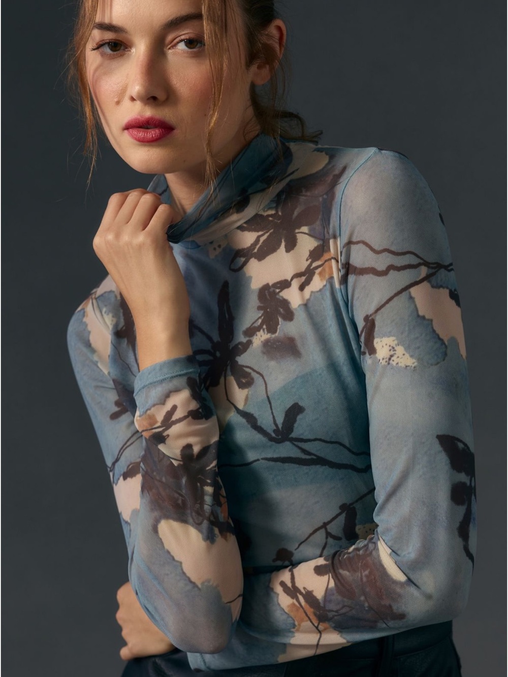 Anthropologie Blue Floral Mesh Sheer Mock Neck Long Sleeve Top Small